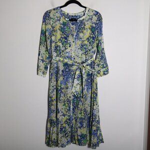 Talbots Cotton Tie Waist Floral Midi Dress Womens 6 Butterfly Garden Ruffle Hem